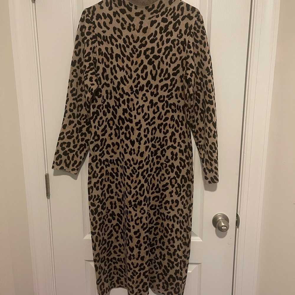 Leopard Print Long Sweater Sleeve Dress